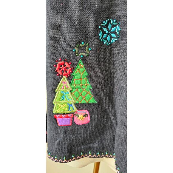 Vintage Christmas‎ Trees Cardigan Sweater 3D Jeweled Embroidered Applique Small - Picture 10 of 12